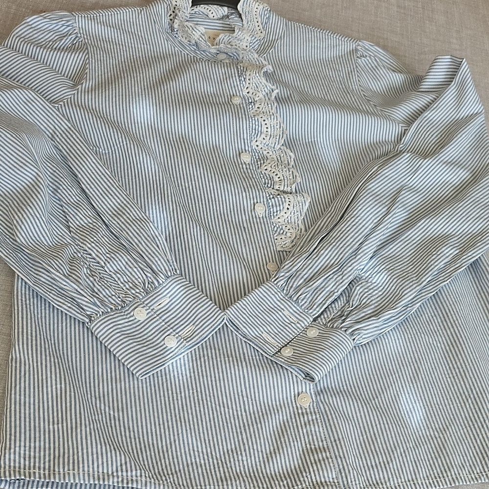 Navy Striped Women's Blouse with Ruffle Detail - Picture 8 of 11